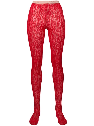 Shop Gucci Floral Lace Tights - Red