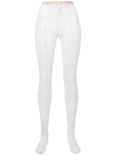 Shop Gucci Floral Lace Tights - White