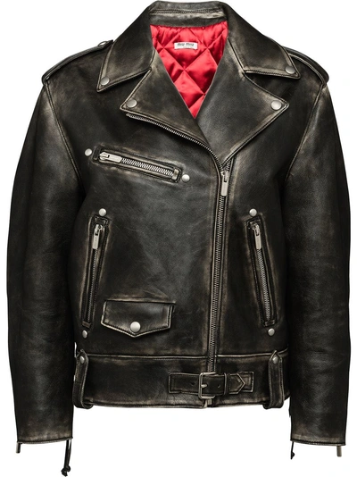 Shop Miu Miu Vintage Effect Leather Jacket - Black
