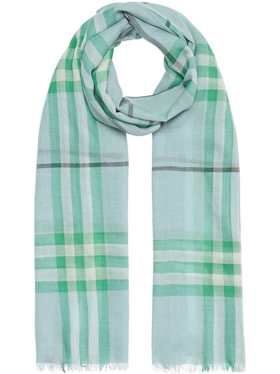 Shop Burberry Fringed Check Cashmere Scarf In Blue