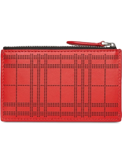 Shop Burberry Perforated Check Leather Zip Card Case In Red
