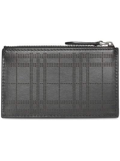 Shop Burberry Perforated Check Leather Zip Card Case In Black