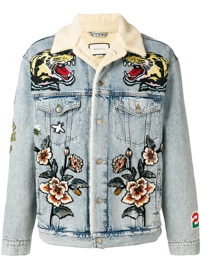 Shop Gucci Patched Denim Jacket - Blue