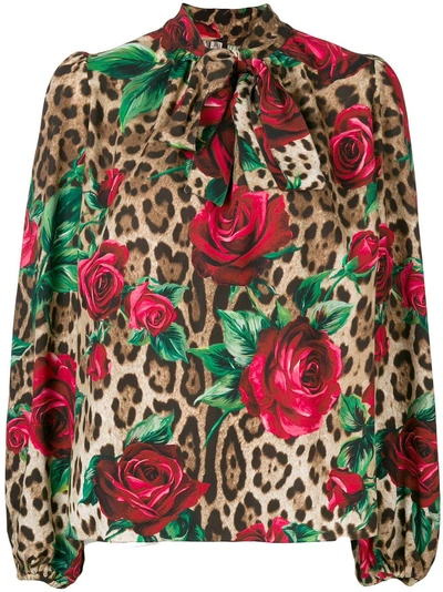 Shop Dolce & Gabbana Rose Leopard Pussybow Blouse - Brown