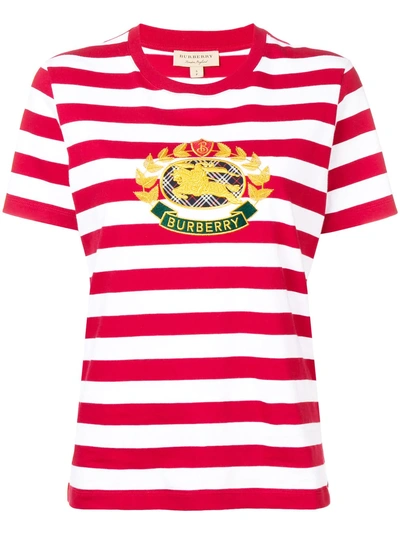 Shop Burberry Crest Appliqué Striped T-shirt - Red