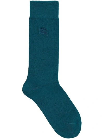 Shop Burberry Embroidered Ekd Cotton Blend Socks In Blue