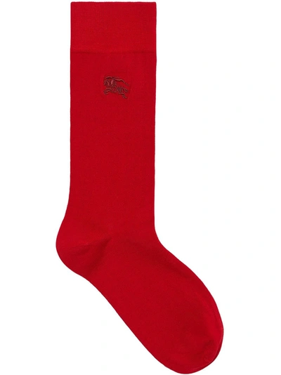 Shop Burberry Embroidered Ekd Cotton Blend Socks In Red