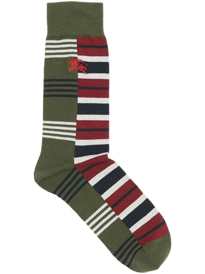 Shop Burberry Contrast Stripe Cotton Blend Socks In Green