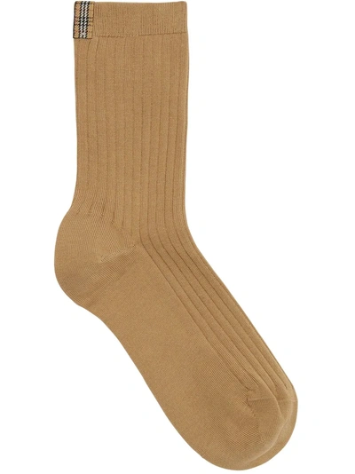 Shop Burberry Check Detail Cotton Blend Socks In Neutrals