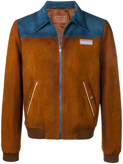 Shop Prada Leather Bomber Jacket - Brown