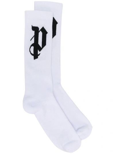 Shop Palm Angels Logo Knit Socks - White