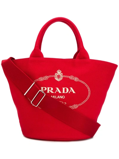 Shop Prada Medium Logo Tote Bag - Red