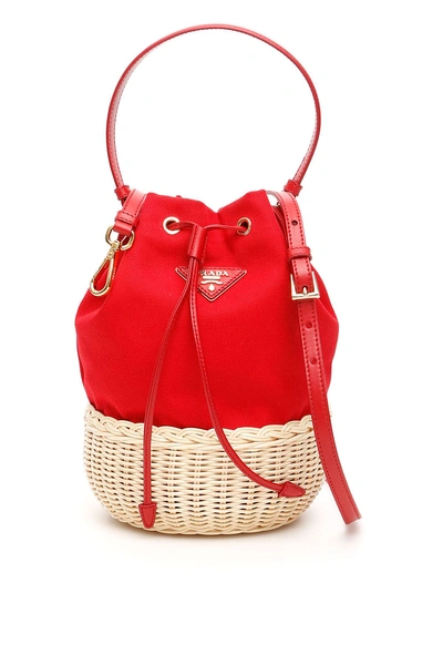Shop Prada Hemp Mini Bucket Bag In Naturale Rosso|rosso
