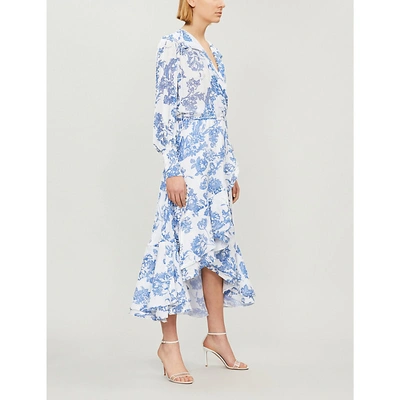 Shop Oscar De La Renta Ruffled-hem Floral-print Silk-blend Dress In White Blue