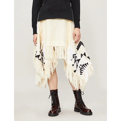 Shop Sacai Asymmetric Fringed Tweed Skirt In Off White/black
