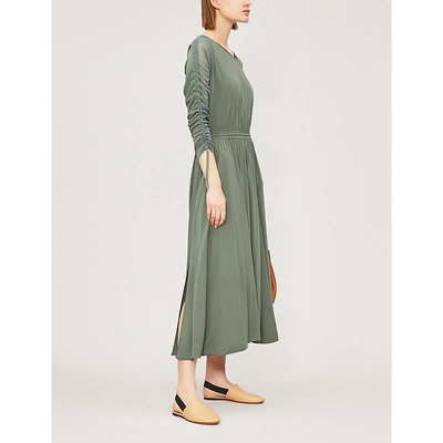 Shop Sportmax Duccio Ruched-sleeve Flared Woven Dress In Sage Green