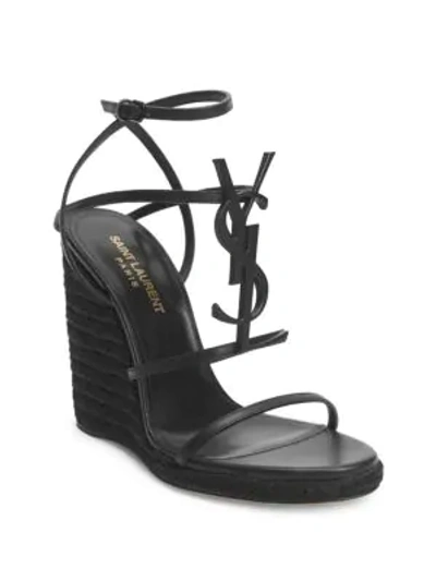 Shop Saint Laurent Cassandra Leather Espadrille Wedge Sandals In Black