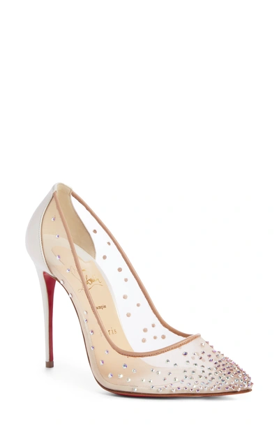 Shop Christian Louboutin Follies Strass Pointy Toe Pump In Snow/ Nude