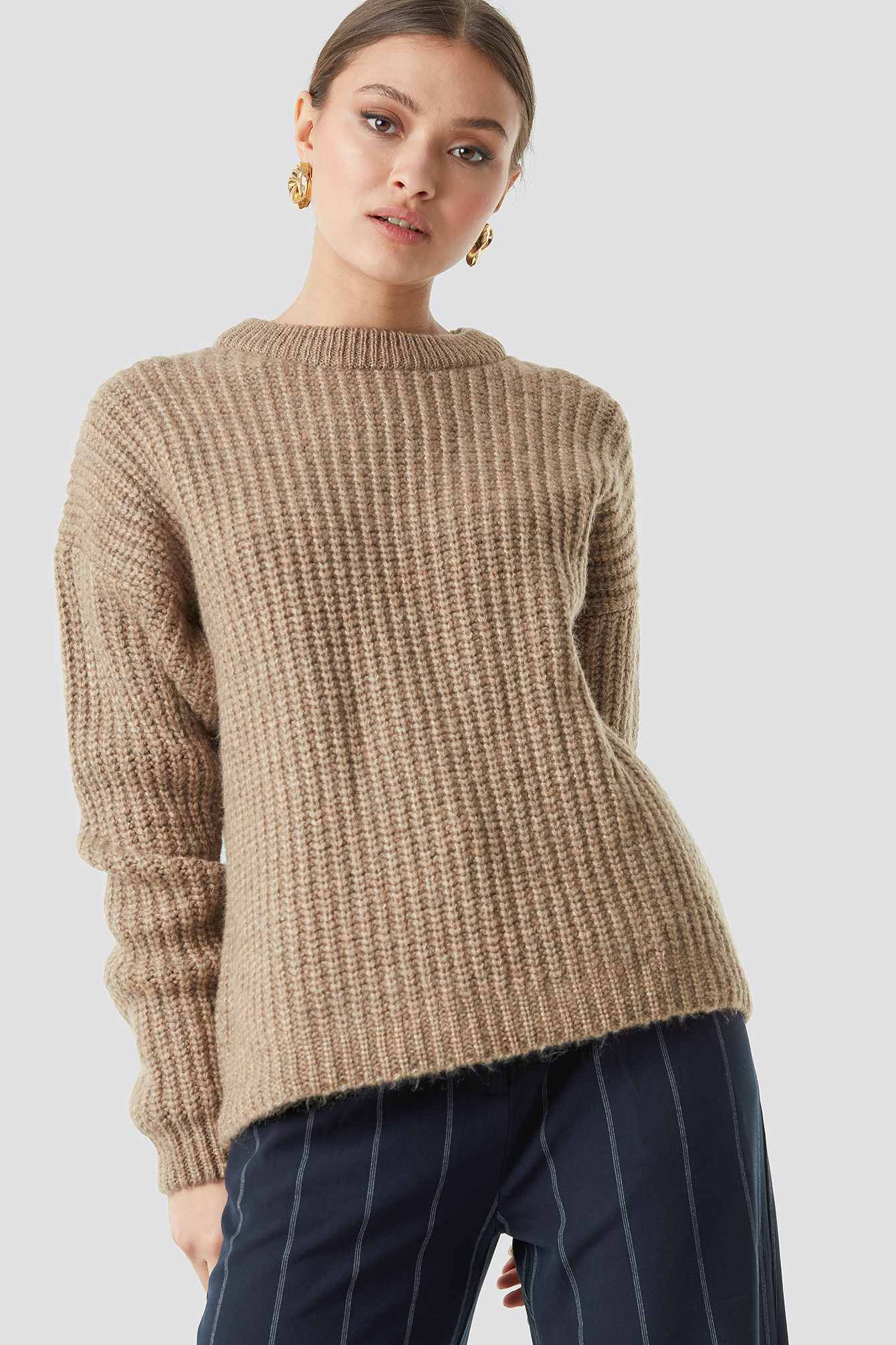 Heavy Knit Round Neck Sweater Beige