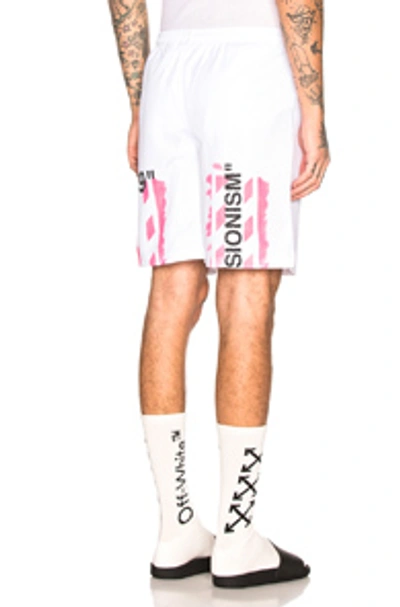 Shop Off-white Diagonal Stencil Mesh Shorts In Off White & Fuchsia