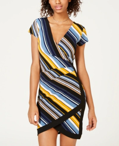 Shop Almost Famous Juniors' Framed Wrap Dress In Mustard/black Stripe