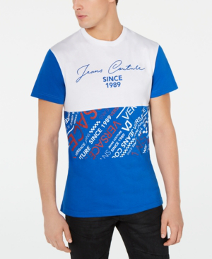 royal blue and white graphic tee