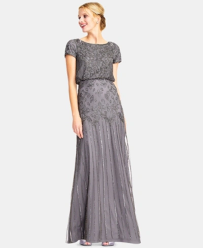 Shop Adrianna Papell Beaded Short-sleeve Gown In Lead