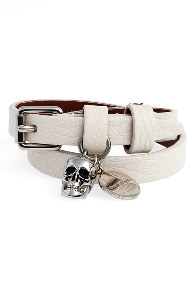 Shop Alexander Mcqueen Skull Charm Leather Wrap Bracelet In Off White/ Silver