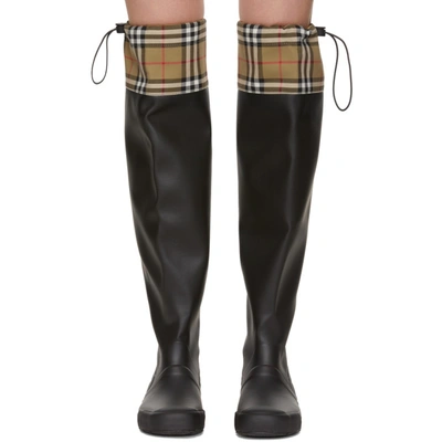 Burberry Vintage Check And Rubber Knee-high Rain Boots In Black | ModeSens