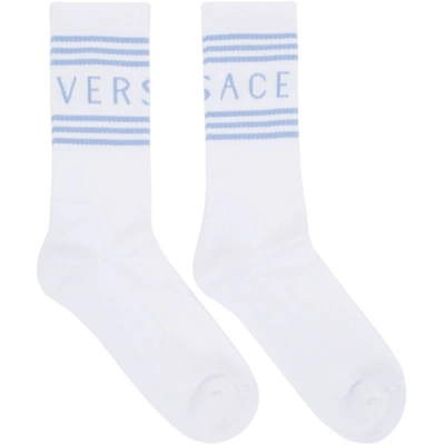 Shop Versace White And Blue 1990s Vintage Logo Socks In I4m0 Wht/bl