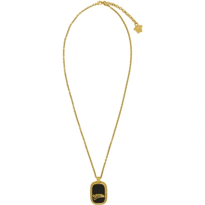 Shop Versace Gold Varsity Dog Tag Necklace In K41t Go/blk
