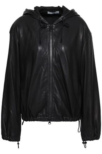 Shop Vince Leather Hooded Bomber Jacket In Black