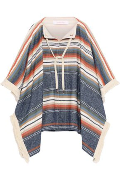Shop See By Chloé Fringe-trimmed Striped Canvas Poncho In Beige