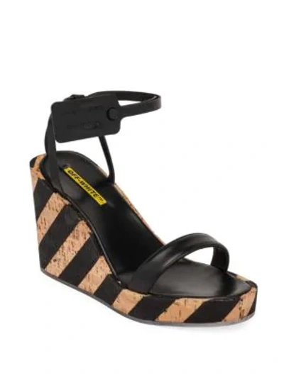 Shop Off-white Women's Diagonal-stripe Leather Wedge Sandals In Black