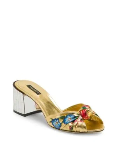 Shop Dolce & Gabbana Floral Knotted Block-heel Slides In Gold