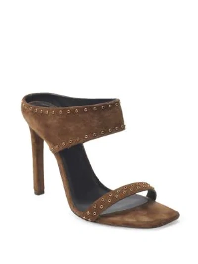 Shop Saint Laurent Mica Grommet Suede Mules In Land