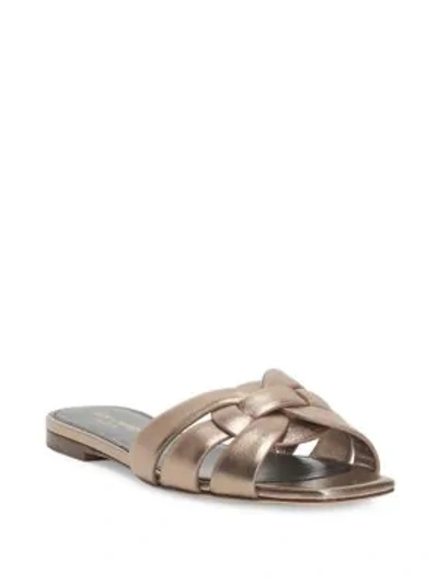 Shop Saint Laurent Women's Tribute Metallic Leather Slides In Blush