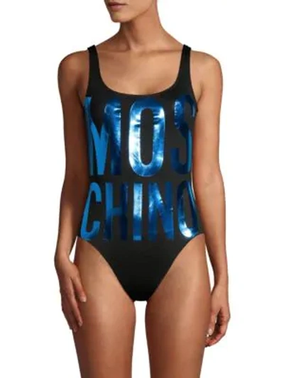 Shop Moschino Metallic Logo One-piece Swimsuit In Blue Multi