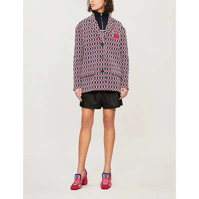 Shop Prada Geometric-print Woven Coat In Blu/rosso