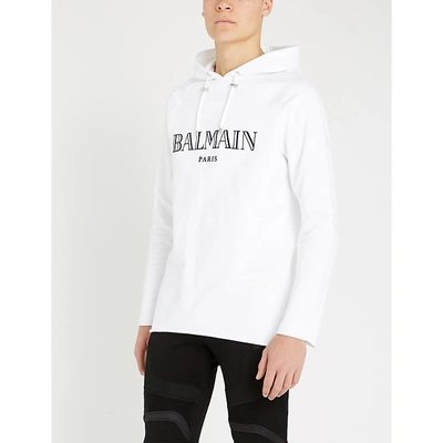 Shop Balmain Logo-print Cotton-jersey Hoody In Blanc Noir