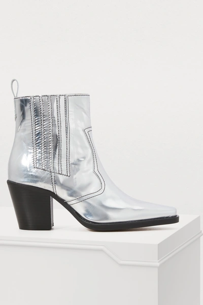 Ganni Callie Leather Ankle Boots In Silver | ModeSens