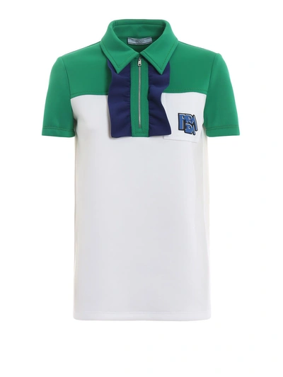 Shop Prada Chiffon Ruffle Polo Shirt In Xsc Smeraldo+bianco+ink