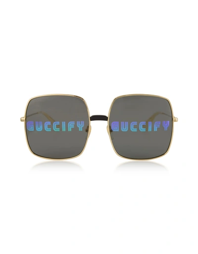 Shop Gucci Rectangular-frame Metal Sunglasses W/fy Print In Gold/grey