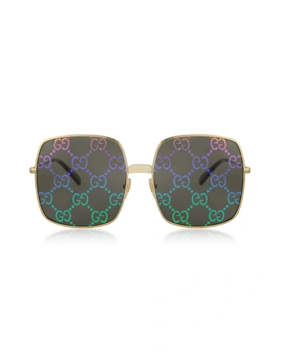 Shop Gucci Rectangular-frame Metal Sunglasses W/ Gg Pattern Lenses In Gold / Shaded Black