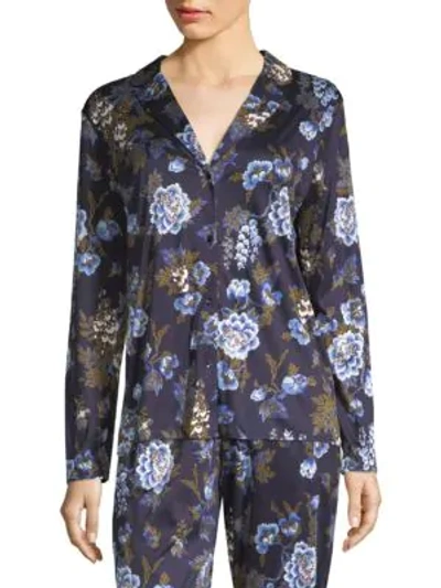 Shop Hanro Zahra Floral Long-sleeve Sleepwear Top In Navy Flower