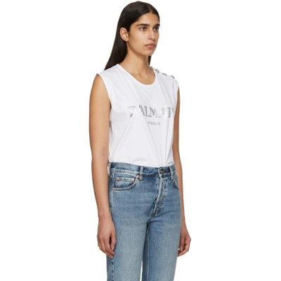 Shop Balmain White Buttoned Logo Sleeveless T-shirt In Gac White