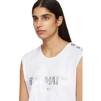 Shop Balmain White Buttoned Logo Sleeveless T-shirt In Gac White