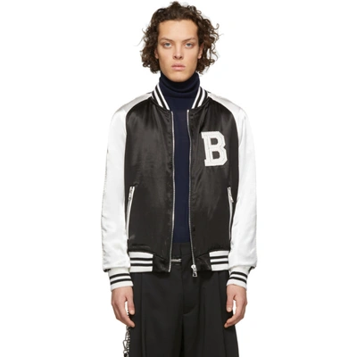 Shop Balmain Black & White Satin Bomber Jacket