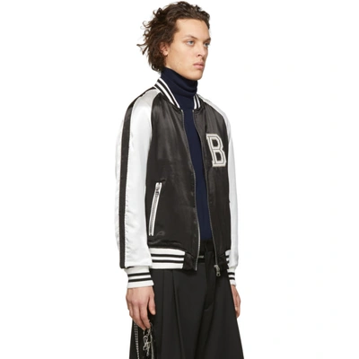 Shop Balmain Black & White Satin Bomber Jacket