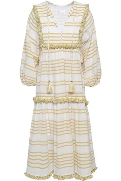 Shop Zimmermann Tassel-trimmed Striped Cotton-blend Gauze Midi Dress In Ivory